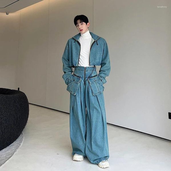 Survêtements pour hommes 2 pièces Denim Costumes Ensembles Manteau Pantalon Streetwear Mode Vintage Veste courte Jambe large Baggy Jeans