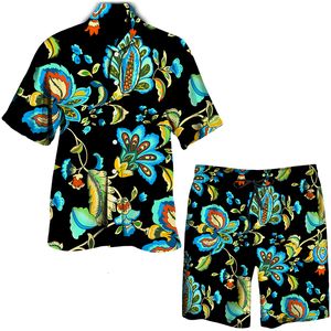 Survêtements pour hommes 2 pièces imprimé floral ensemble hawaïen été décontracté chemises à manches courtes Shorts de plage costumes Couple vacances Streetwear vêtements 230707