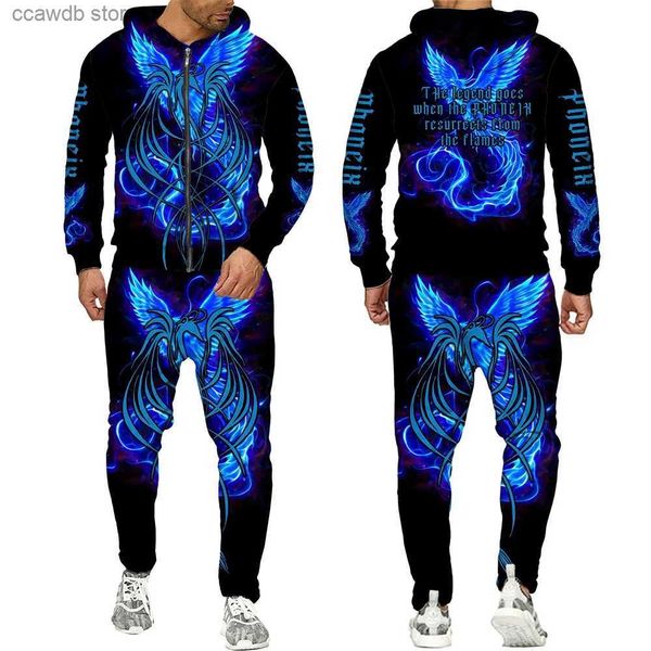 Survêtements pour hommes 2022 Phoenix Tattoo 3D partout imprimé sweat à capuche costumes hommes survêtements manches longues sweats pantalons de survêtement hommes streetwear ensembles T240110