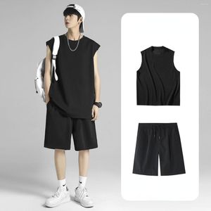 Survêtements pour hommes 2023 2 pièces hommes shorts ensemble été couleur unie hauts hommes mode vêtements Style coréen japon Chic coupe ample survêtement U03