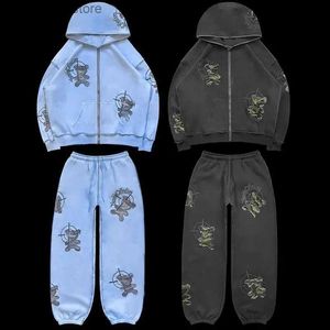 Tracksuits voor heren 2023 Amerikaans winterpaar Y2K Hoodies 2 -delige sets afdrukken Coats + Elasticiteitsbroek Volledige ritssluiting Sportkleding oversized retro pakken T231011