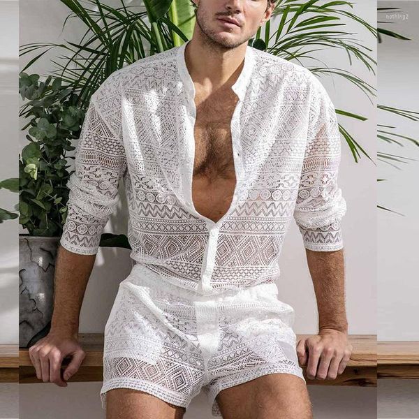 Chándales para hombre 2023 llegadas verano Sexy transparente malla encaje trajes playa moda manga corta Tops hombres dos piezas conjunto de trajes