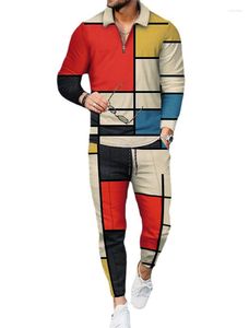 Tracksuits voor heren 2023 Autumn Heren 3D Print Tracksuit kleding Zipper 2 -delige set met lange mouwen Polo shirt broek Sweatsuit sportpakken voor