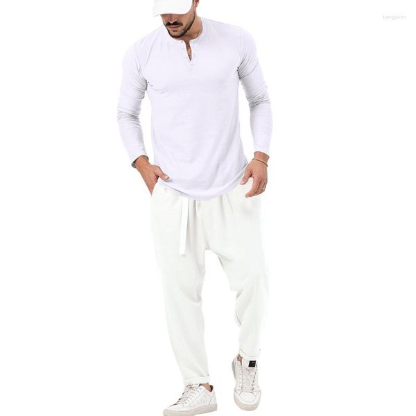 Chándales para hombres 2023 Producto de otoño Comercio exterior Asia Color sólido Casual Manga larga Henry Camiseta Pantalones Conjunto