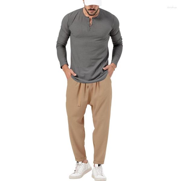 Survêtements pour hommes 2023 Produit d'automne Commerce extérieur Amazon Couleur unie Casual Manches longues Henry T-shirt Pantalon Ensemble
