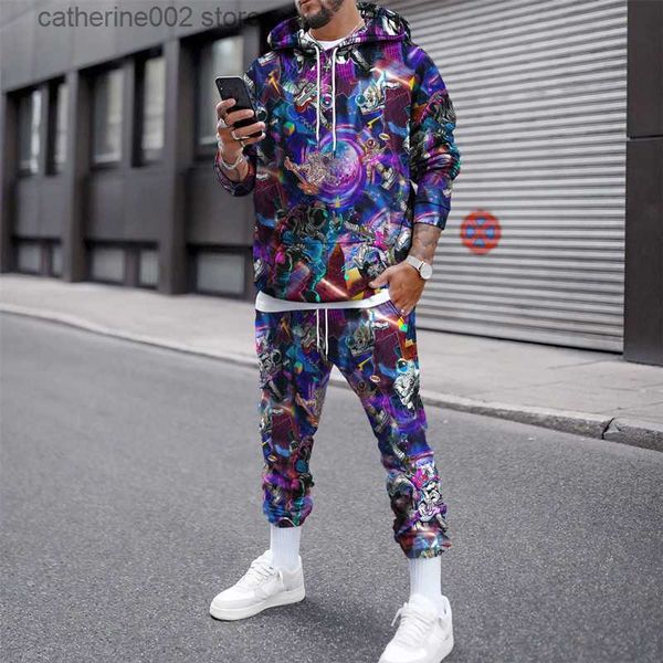 Survêtements pour hommes 2023 Automne Hiver Hommes Sportswear Polaire À Capuche Hip Hop Graffiti 3D Imprimer Jogging Costume Sweats Ensemble Survêtement Surdimensionné T230601