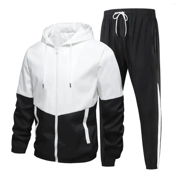 Chándales para hombres 2023 Ropa deportiva casual Traje con cremallera Cuello alto Manga larga con capucha Correr Deportes Diseño de empalme Otoño Invierno