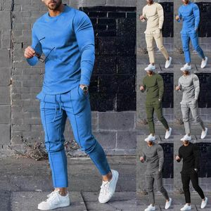 Survêtements pour hommes 2023 vêtements couleur unie col rond à manches longues hauts et pantalons maigre deux pièces décontracté sweat-shirt ensemble survêtement