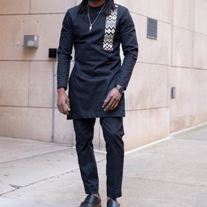 Tracksuits voor heren 2023 Dashiki Afrikaanse kleding voor mannen Lange mouwen Black Crew Neck Breint Pants Suit Mode Party Business Draai Dress