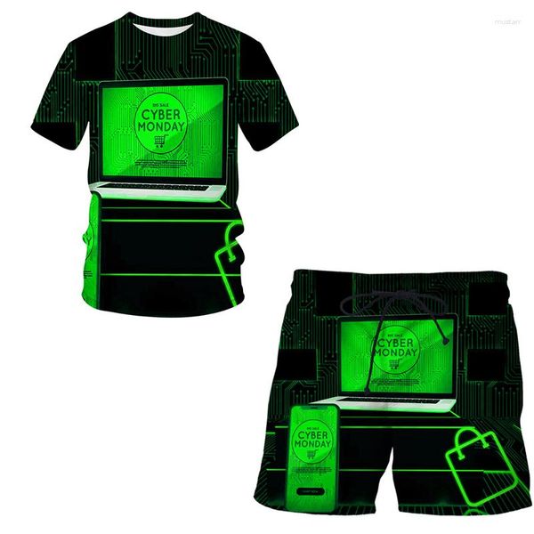 Chándales de hombre 2023 tendencia de verano europea y americana Casual tecnología móvil estilo 3D impresión Digital camiseta pantalones cortos traje