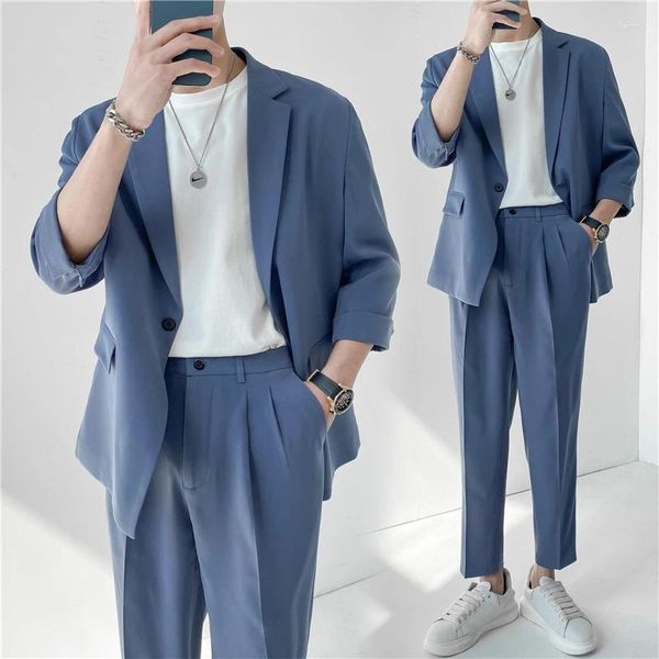Survêtements pour hommes 2023 Mode édition coréenne tendance deux pièces ensemble couleur unie simple boutonnage décontracté simple étudiant homme lâche (pantalon de costume)