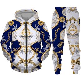 Heren Trainingspakken 2023 mode luxe keten serie 3D printen hoodie broek met ritssluiting tweedelig hiphop straat kleding trainingspak dameskleding pak Z0224