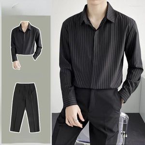 Survêtements pour hommes 2023 Mode Hommes Ensembles Contraste Couleur Revers Stripe Chemise À Manches Longues Pantalon Droit 2 PCS Streetwear Coréen Costumes Décontractés