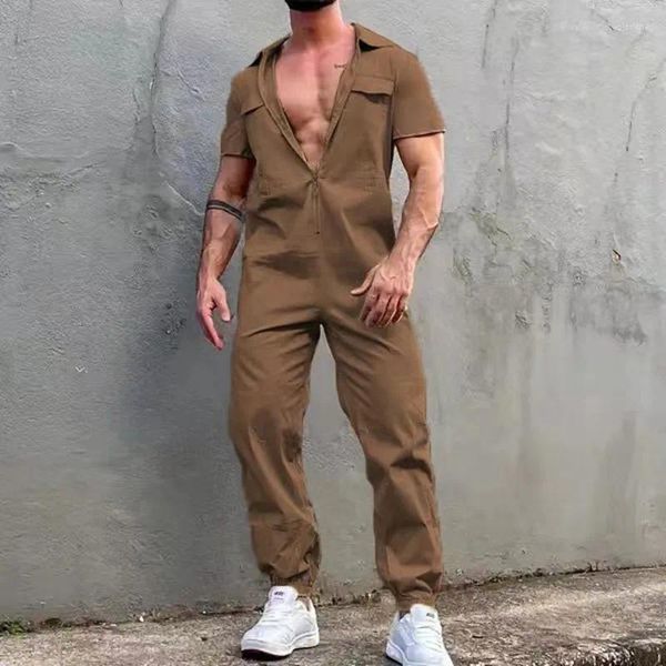 Survêtements pour hommes 2023 Mode d'été Couleur unie Revers Zipper Casual Combinaisons à manches courtes Costume Salopette