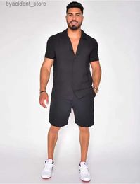 Contulaires masculins 2023 Hawaiian Mens Sets Summer Polo Collar Cotton lin Solid Short Shorts Clets Costumes survasse