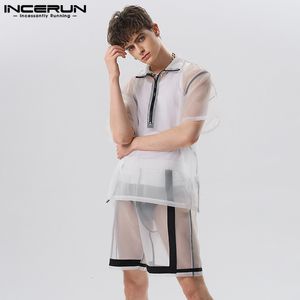 Survêtements pour hommes 2023 Hommes Ensembles Mesh Patchwork Streetwear Voir à travers les manches courtes Zipper Shirt Shorts 2PCS Respirant Sexy Costumes INCERUN 230718