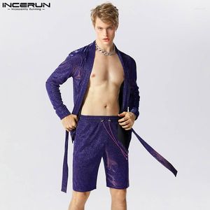 Survêtements pour hommes 2023 Hommes Ensembles Solide Étincelant Streetwear Lâche À Manches Longues Chemise Irrégulière Cardigan Shorts 2PCS Costumes Décontractés S-5XL