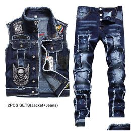 Chándales de los hombres 2023 New Blue Men 2 Piezas Conjuntos Moda Slim Casual Bordado Skl Denim Chaleco Y Ragged Paint Stretch Jeans Conjun Dhs0T