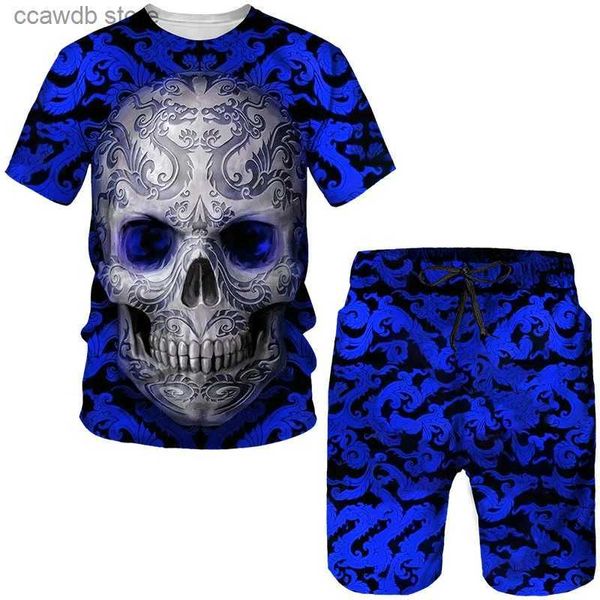 Survêtements pour hommes 2023 Nouveaux hommes Crâne 3D T-shirts / shorts / costumes imprimés gothique punk t-shirt décontracté hip hop vêtements de rue joggeurs d'été 2 pièces ensembles T240110