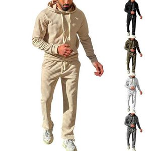 Survêtements pour hommes 2023 Nouveau Printemps et Automne Hommes Petit À Carreaux À Manches Longues À Capuche Pull Tops + Cordon Pantalon Mâle Mode Loisirs Sports Ensemble