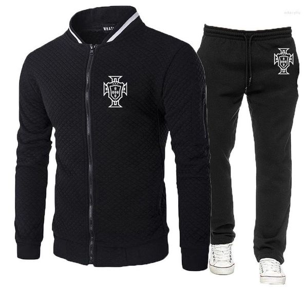 Chándales de hombre 2023 primavera otoño futbolista Portugal Logo estampado Casual Zip Cardigan algodón cuello redondo chaqueta pantalones deportivos Color sólido
