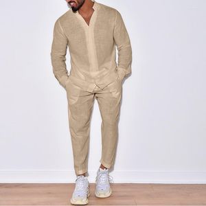 Survêtements pour hommes 2023 printemps automne hommes costumes décontracté coton lin lâche couleur unie deux pièces ensemble loisirs col en V chemise et pantalon tenues hommes