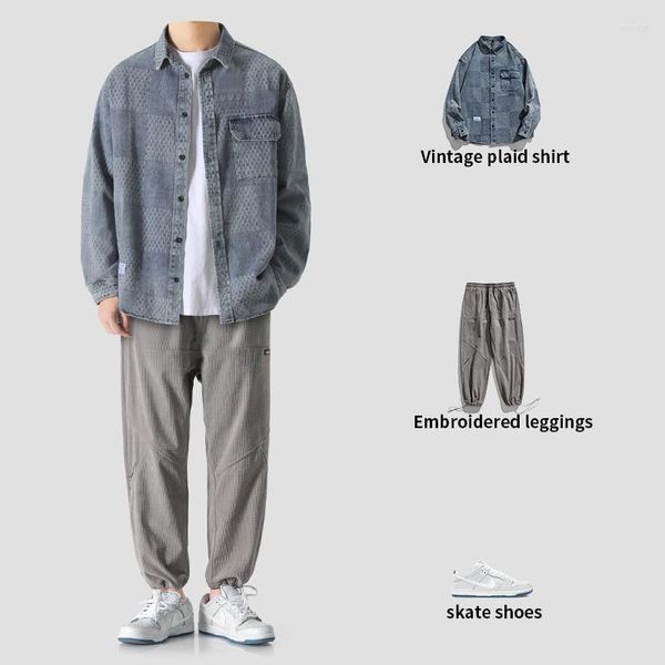 Survêtements pour hommes 2023 Costume avec American Fashion Wash Plaid Denim Jacket Versatile Coat Top Solid Color Loose Sports Casual Pants