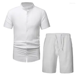 Survêtements pour hommes 2023 Mode d'été Coton Linge Ensemble Solide Henry Chemise à manches courtes Short de sport Deux pièces pour hommes Casual Beach