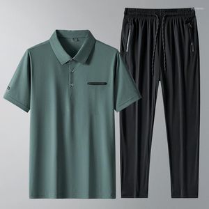 Chándales de hombre 2023 verano hielo Polo camisa traje de negocios Color sólido solapa sin costuras manga corta pantalones de dos piezas ropa deportiva para hombre