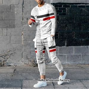 Trainingspakken voor heren 2023 Zomer Man trainingspaksets Gestreepte joggingoutfits Oversized herenkleding Lange slve T-shirt 2-delig Nieuwe mode Coole pakken T240326