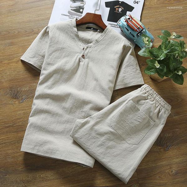 Survêtements pour hommes 2023 été hommes classique couleur unie coton et lin deux pièces T-shirt Shorts décontracté taille mince haute qualité ensemble M-5XL