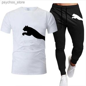 Survêtements pour hommes 2023 Summer Mens T-shirt imprimé et pantalon ensemble chemise de sport 2 pièces ensemble marque survêtement o-cou à manches courtes ensemble vêtements pour hommes Q240314