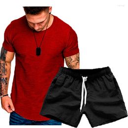 Chándales para hombre, verano 2023, camiseta de manga corta de Color sólido para hombre, pantalones cortos, traje de 2 piezas, cuello redondo, camisa deportiva ajustada, conjuntos de talla asiática