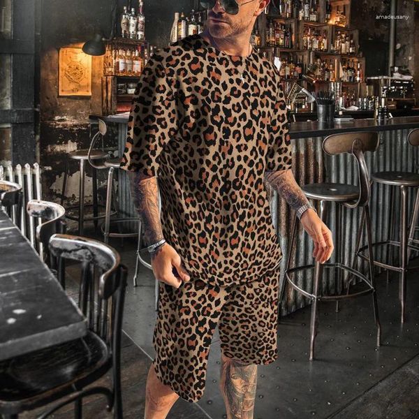 Survêtements pour hommes 2023 Summer T-shirt Set 3D Leopard Print Survêtement Pantalon court Vêtements Quotidien Casual 2 pièces Streetwear Costume surdimensionné