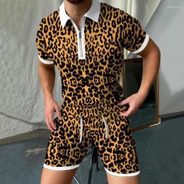 Chándales para hombres 2023 Chándal de verano Impreso en 3D Camisa de polo de grano de leopardo Conjunto de pantalones cortos Casual Turn Down Collar Camiseta Traje para ropa masculina