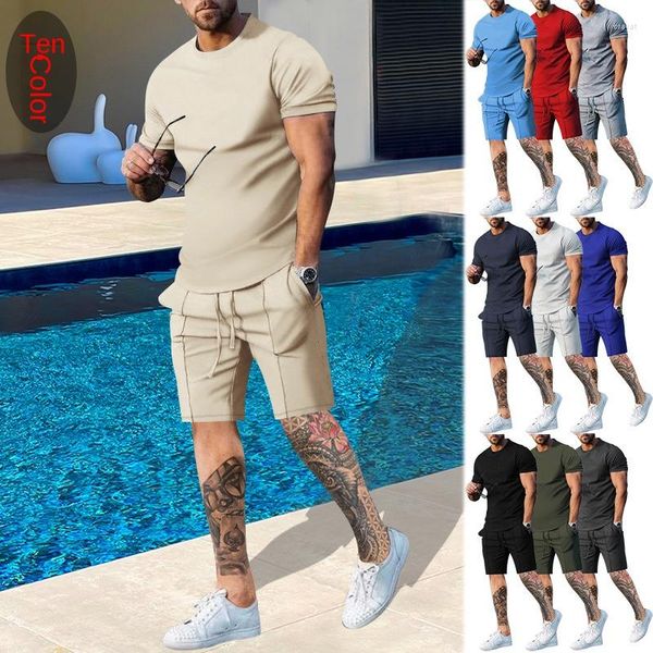 Chándales para hombre 2023 Wish Trajes para hombre Summer Cross-Border Amazon Sports And Leisure Color sólido Camiseta con cuello redondo Traje de manga corta