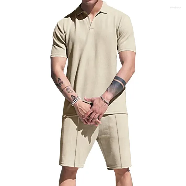 Tracksuits masculin 2024 Fashion Waffle Two Piece Set Summer Summer V-cou Shirt Topdrawstring Pant Suit Men Vêtements décontractés Sleeve