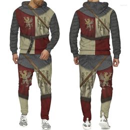 Spares de canciones para hombres 2024 Heraldic Lion Tattoo Templars Knight Armor de dos piezas Conjunto de pantalones con capucha de moda estampados 3D Traje de ropa
