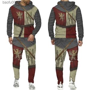 Suits-survêtements masculins 2024 Vente chaude Heraldic Lion Tattoo Templar Knight Armor Two Piece Set 3D Pantalon de mode imprimé 3D Tenue pour hommes Costume Q240528