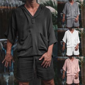 Survêtements pour hommes 2024 Hommes Deux Pièces Ensemble Casual Coton Lin Solide Tenues Lâches Été Demi Manches Col En V À Capuche T-shirt Et Shorts Costumes