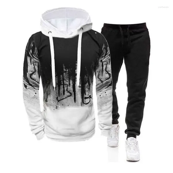 Survêtements pour hommes 2024 Splash Ink Costume Loose Sports Sweat à capuche et pantalon à manches longues Mode Casual Taille moyenne Automne Vêtements chauds