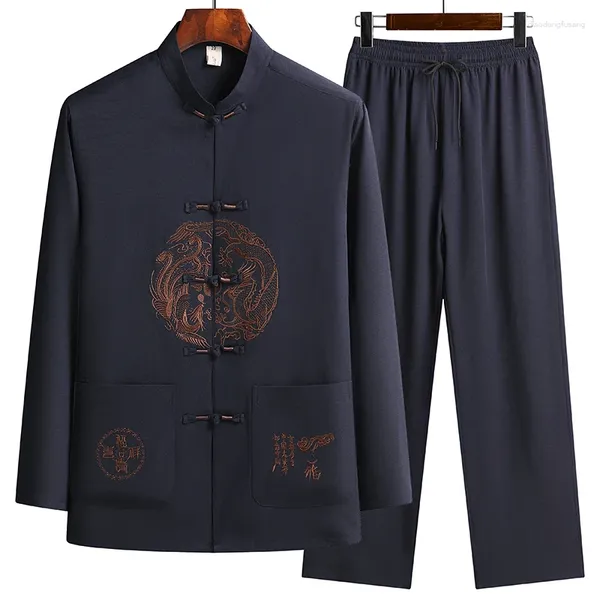 Chándales para hombres 2024 Primavera 2 PCS / Set Hombres Tang Traje Conjunto Ropa tradicional china Hanfu Cintura elástica Pierna ancha Camisa suave Pantalones Conjuntos