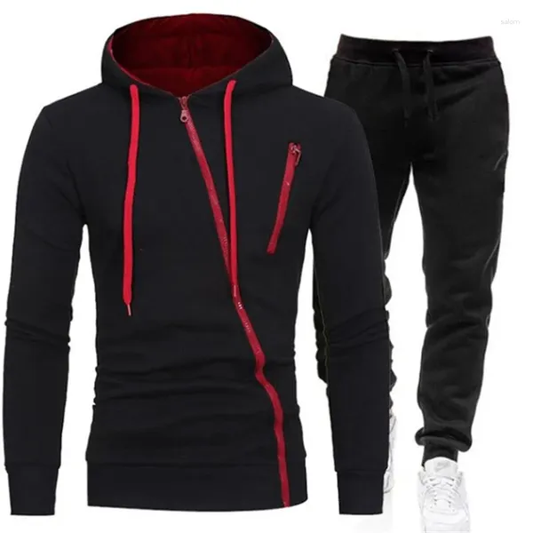 Chándales para hombres 2024 Primavera y otoño Traje con capucha Moda juvenil Cremallera diagonal Ropa deportiva Casual Chaqueta gruesa suelta