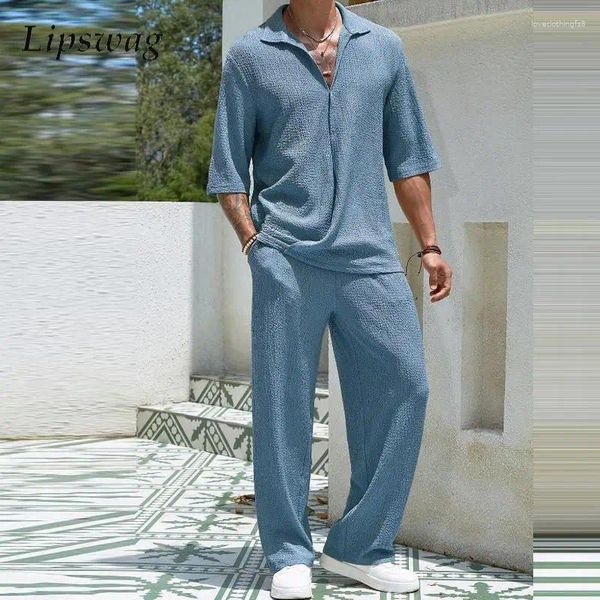 Chándales para hombres 2024 Primavera Verano Casual Camisas de algodón y pantalones Trajes Hombres Vintage Media manga Irregular Cardigan Conjuntos de dos piezas para hombre