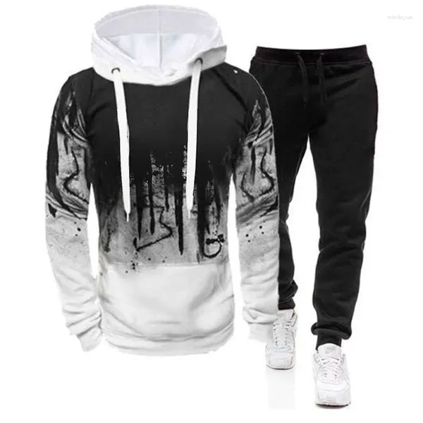 Survêtements pour hommes 2pcs costume printemps automne sweat-shirt ensemble splash encre sweats à capuche pantalons de survêtement décontracté fitness mâle vêtements de sport s-4xl en gros