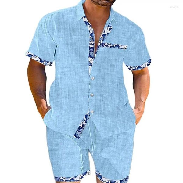 Survêtements pour hommes 2 pièces Ensemble de chemise en lin de coton Shorts Costumes Mode Contraste Couleur à manches courtes Lâche Hawaiian Beach Summer pour hommes Tenues