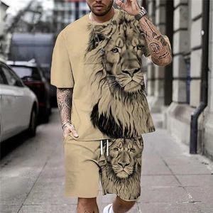 Suisses de survêtement masculines 3D Lion Print Mens Cool T-shirt Shorts Set pour Sports Fitness Mens Set Street Style Graphic surdimensionné 2PCS Vêtements pour hommes J240510