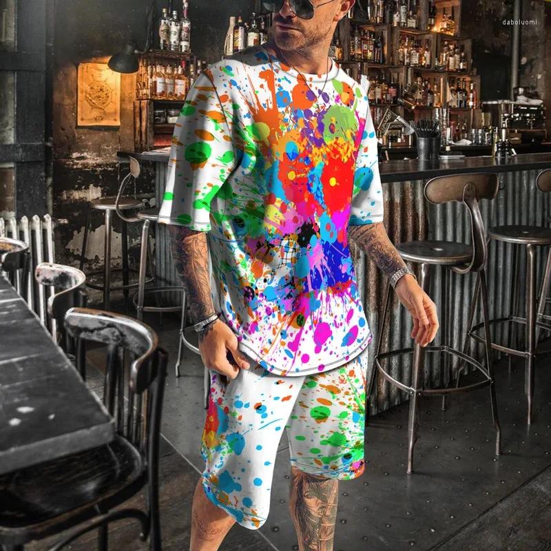 Мужские спортивные костюмы 3D Печать многоцветный рисунок лето мужской футболка с коротким рукавом костюм модный спорт 2 шт.