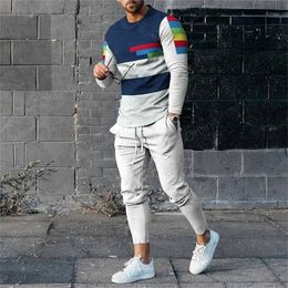 Survêtements pour hommes 3D Imprimer Stripe Manches longues Mans Costume T-shirt 2 pièces Ensemble Streetwear Casual Survêtement Mâle Surdimensionné Tops Basketball Sweatpant T240126