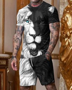 Suits-survêtement masculins 3D T-shirt lion imprimé Set Summer All-Match décontracté 2 pièces Sportswear Mens T-shirt Short Retro Beach Cloth T240507